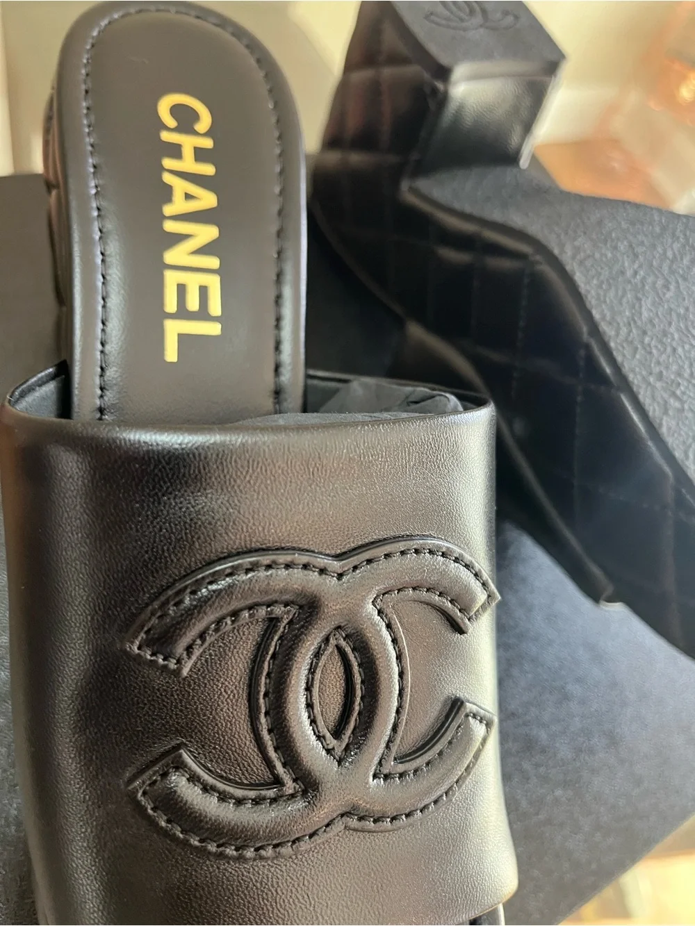CHANEL Black Quilted Leather Platform Mules with CC Logo